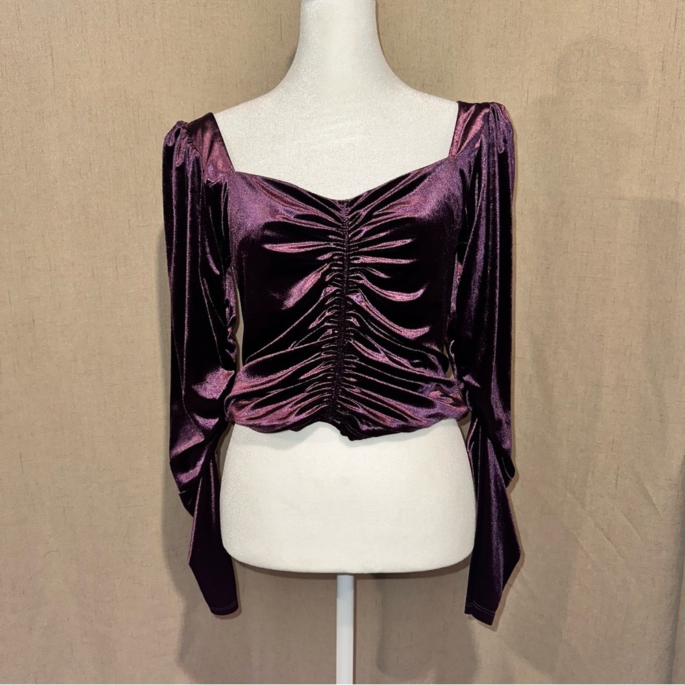 Express Velvet Long Sleeved Ruched Front Top Puff Sleeve Violet ✨ Size Small